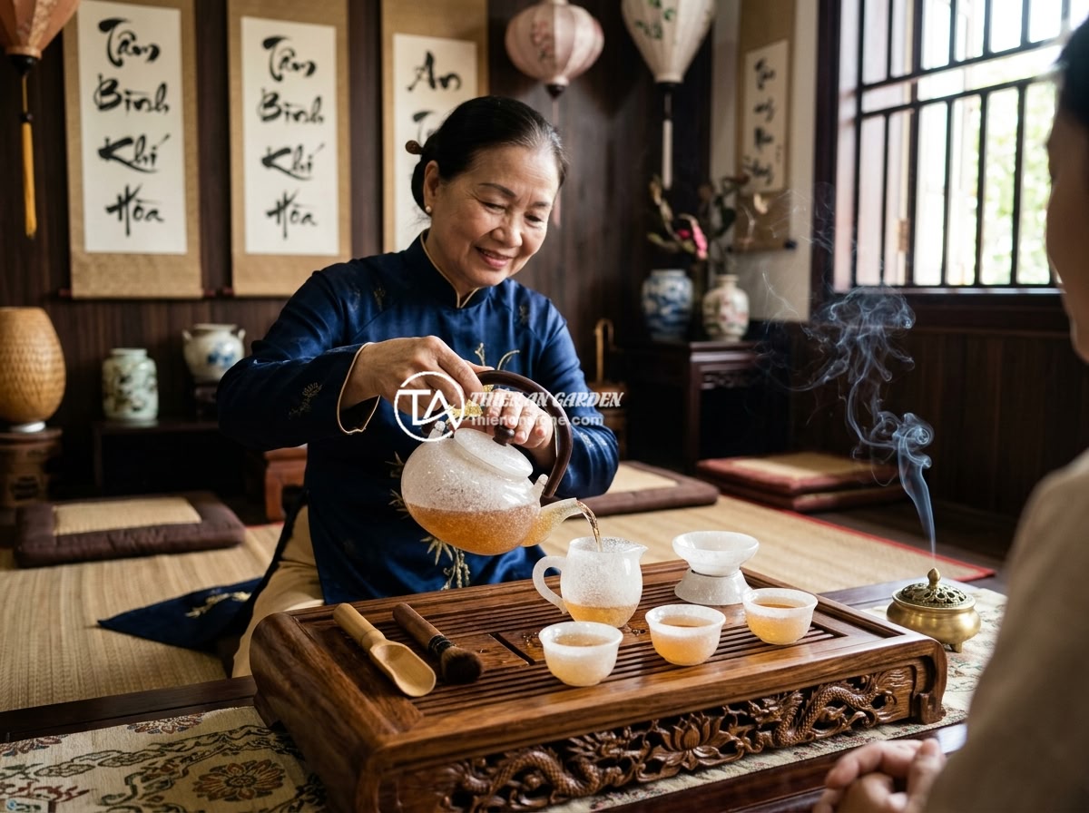 Tác dụng phong thủy của bộ ấm chén đá thạch anh đối với không gian sống - Hình 8 Tác dụng phong thủy của bộ ấm chén đá thạch anh đối với không gian sống - An elaborate traditional Vietnamese tea ceremony using a stunning clear quartz t