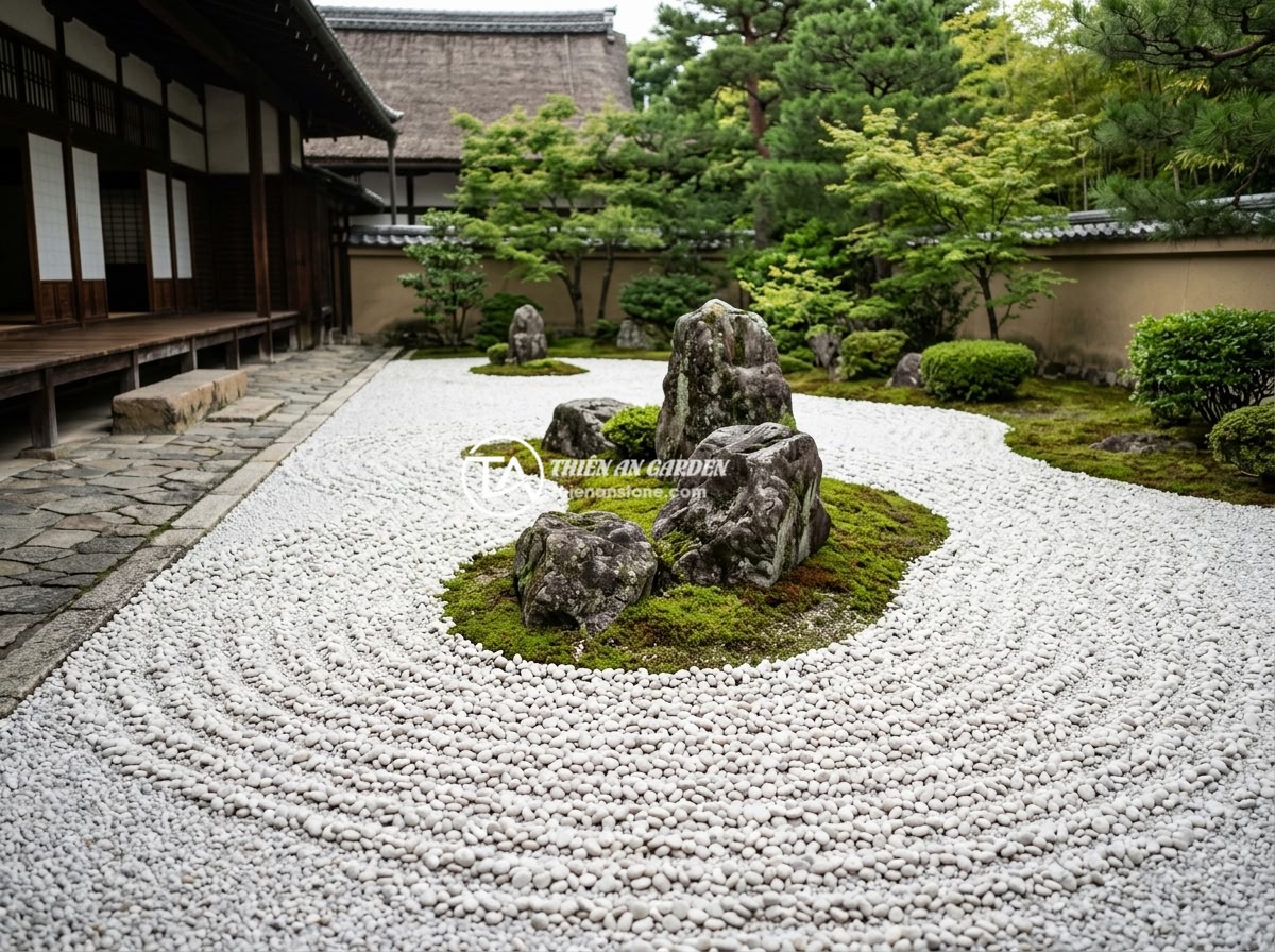 Tại sao tiểu cảnh khô là lựa chọn số 1 cho nhà phố hiện đại năm 2026? - A traditional Japanese Karesansui dry rock garden with carefully raked white gra