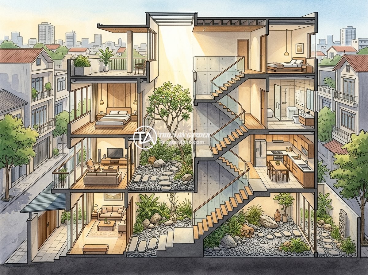 Tại sao tiểu cảnh khô là lựa chọn số 1 cho nhà phố hiện đại năm 2026? - Hình 3 Tại sao tiểu cảnh khô là lựa chọn số 1 cho nhà phố hiện đại năm 2026? - A bird-eye view of a modern narrow Vietnamese townhouse cross-section showing dr