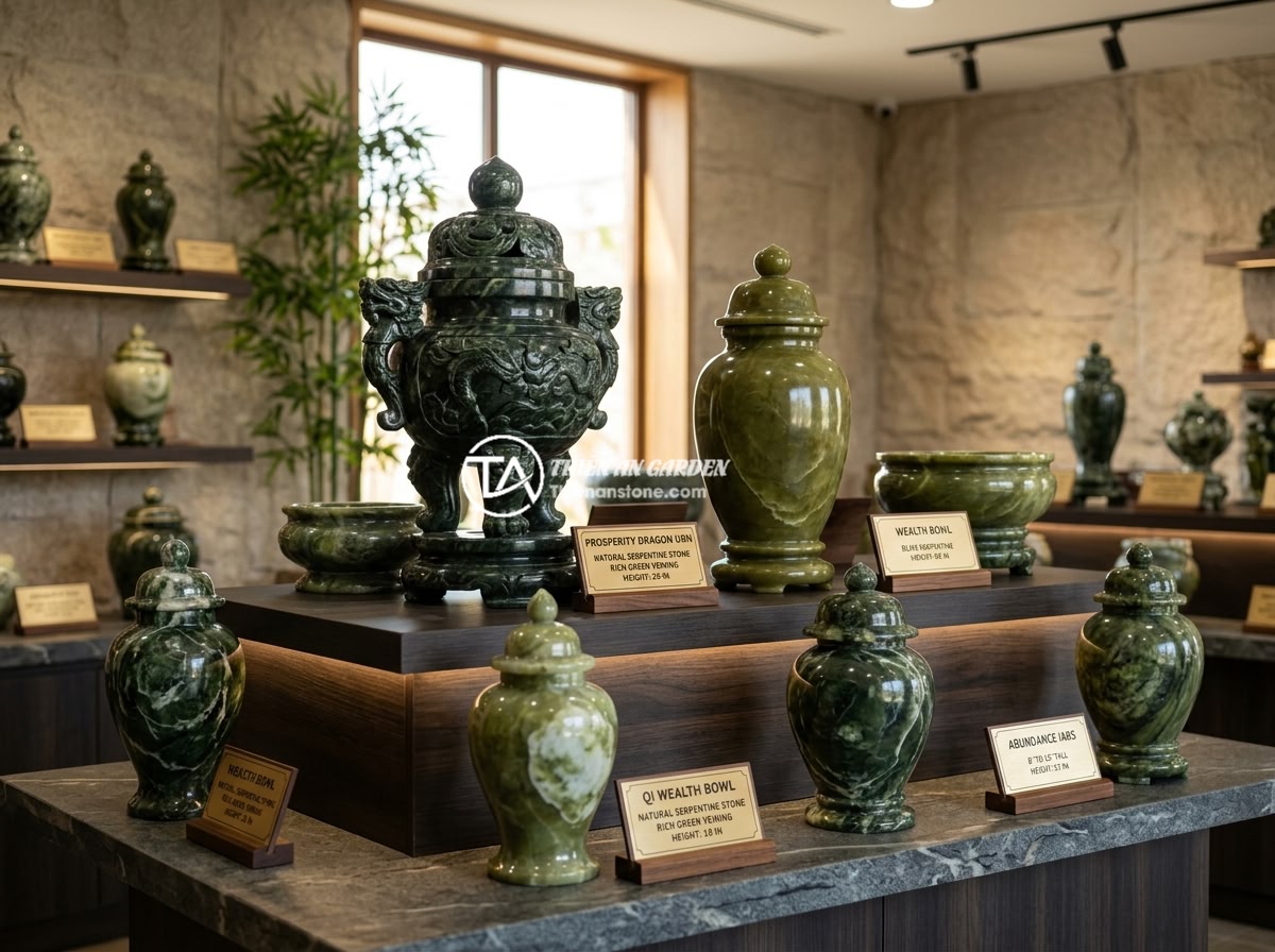 Thiết kế chum đá phong thủy cho quán cà phê và nhà hàng thu hút khách hàng - A collection display of various popular feng shui stone urn models arranged in a
