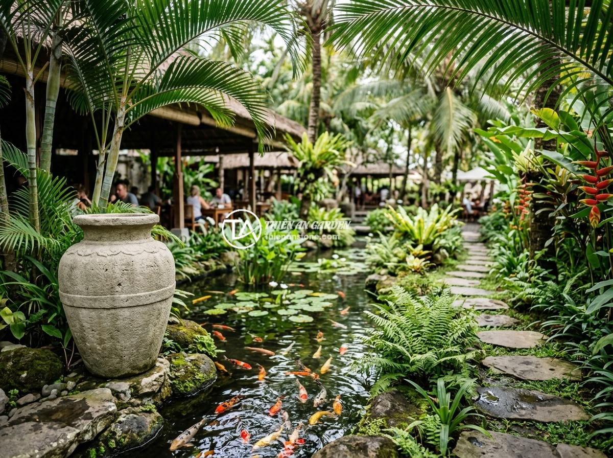 Thiết kế chum đá phong thủy cho quán cà phê và nhà hàng thu hút khách hàng - A feng shui stone urn next to a koi fish pond in a tropical garden restaurant se