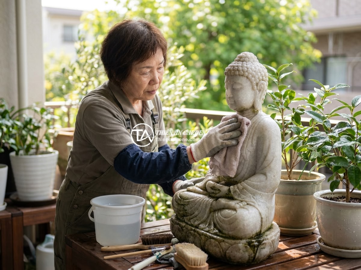 Tiểu Cảnh Tượng Phật Cho Ban Công: 6 Ý Tưởng Thiết Kế Siêu Đẹp - A person carefully cleaning and maintaining a stone Buddha statue on a balcony, 