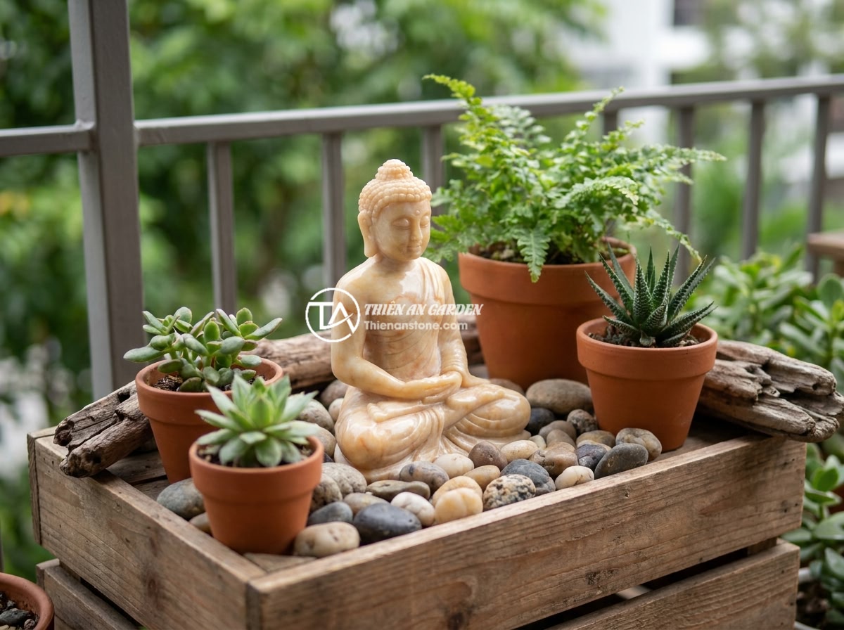 Tiểu Cảnh Tượng Phật Cho Ban Công: 6 Ý Tưởng Thiết Kế Siêu Đẹp - A budget-friendly DIY balcony Buddha miniature garden setup showing affordable n