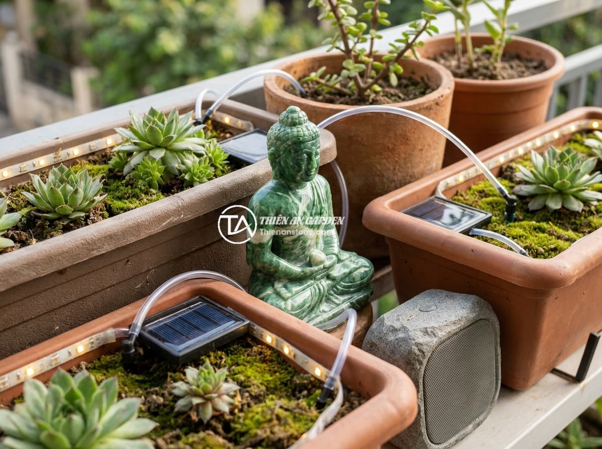 Tiểu Cảnh Tượng Phật Cho Ban Công: 6 Ý Tưởng Thiết Kế Siêu Đẹp - A futuristic smart balcony Buddha miniature garden featuring automated watering 