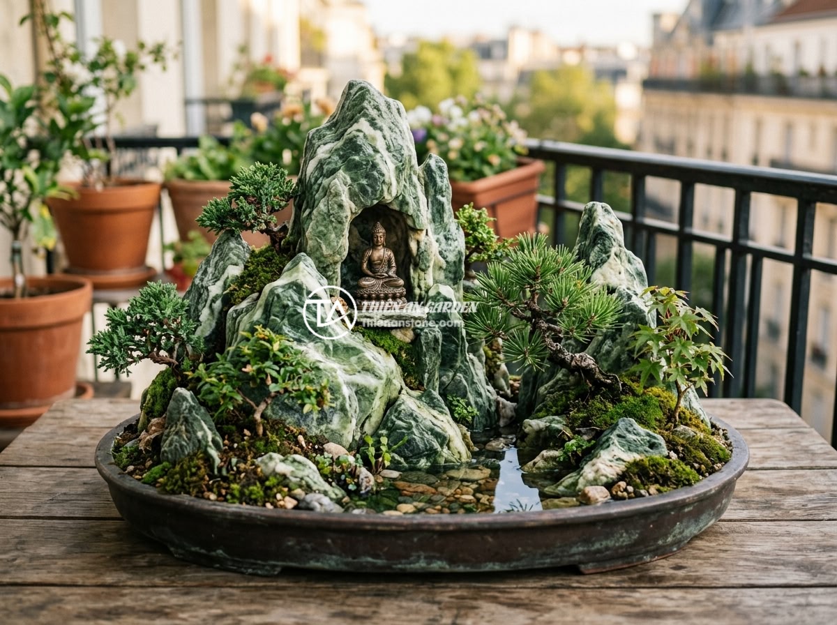 Tiểu Cảnh Tượng Phật Cho Ban Công: 6 Ý Tưởng Thiết Kế Siêu Đẹp - A miniature bonsai mountain landscape (non bo) on a balcony with layered natural