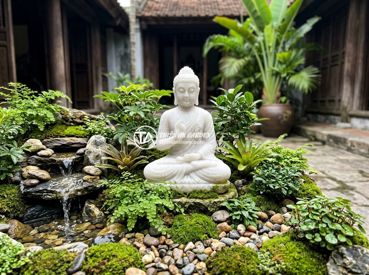 Tiểu Cảnh Tượng Phật Phong Thủy: Bí Quyết Thu Hút Tài Lộc Và Bình An - A beautifully arranged miniature Buddha statue garden landscape with natural sto
