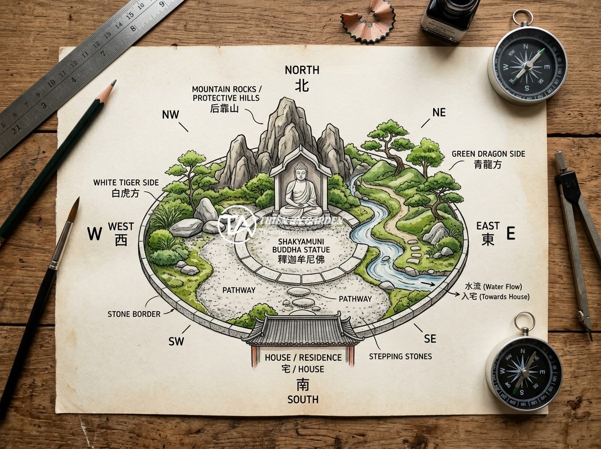 Tiểu Cảnh Tượng Phật Phong Thủy: Bí Quyết Thu Hút Tài Lộc Và Bình An - A top-down layout diagram of a feng shui Buddha statue miniature garden showing 