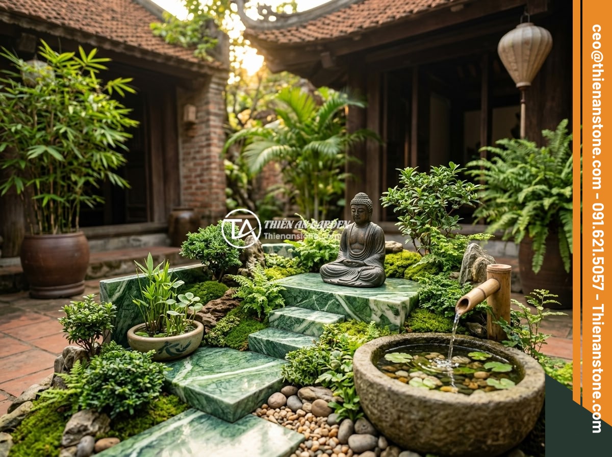 Tips Thiết Kế Tiểu Cảnh Tượng Phật Theo Mệnh Gia Chủ - A serene miniature Buddha statue garden landscape with natural stones, green pla