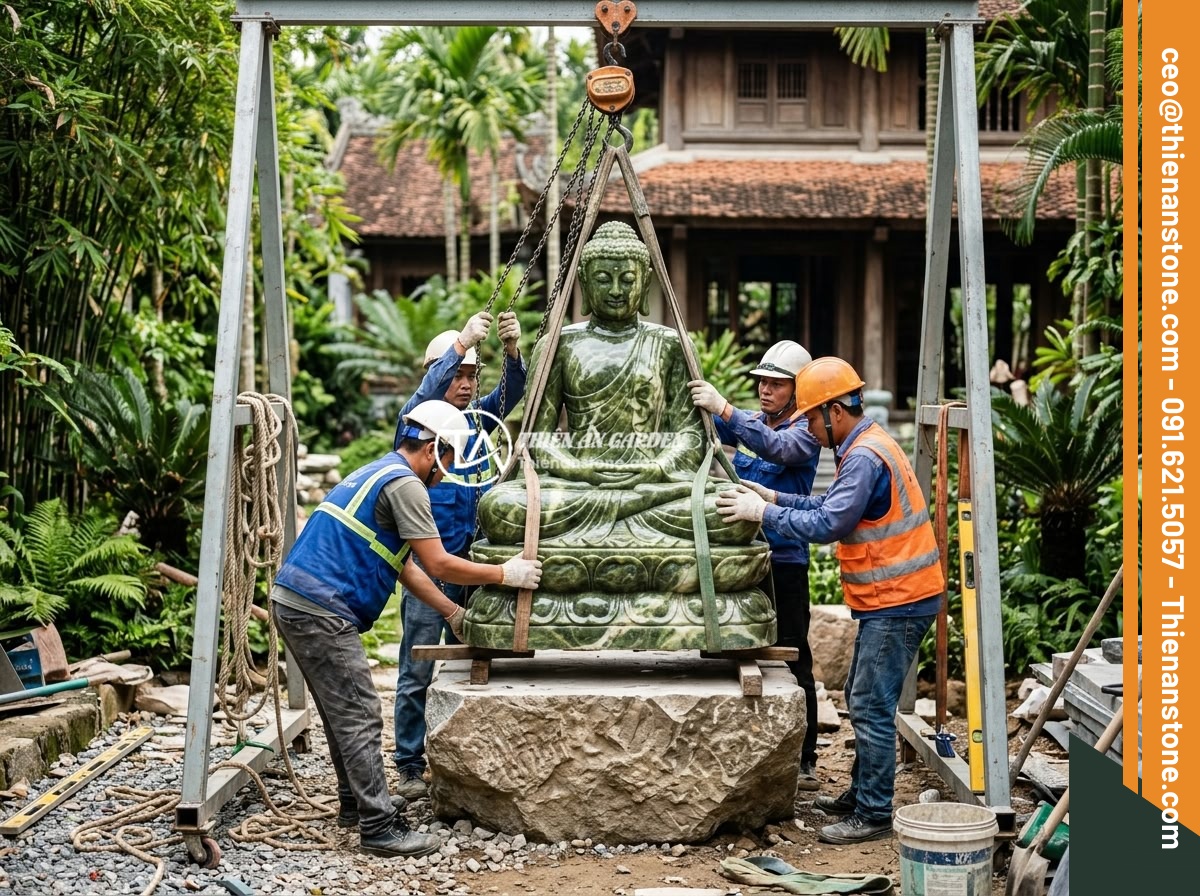 Tips Thiết Kế Tiểu Cảnh Tượng Phật Theo Mệnh Gia Chủ - A professional construction team installing a large natural stone Buddha statue 