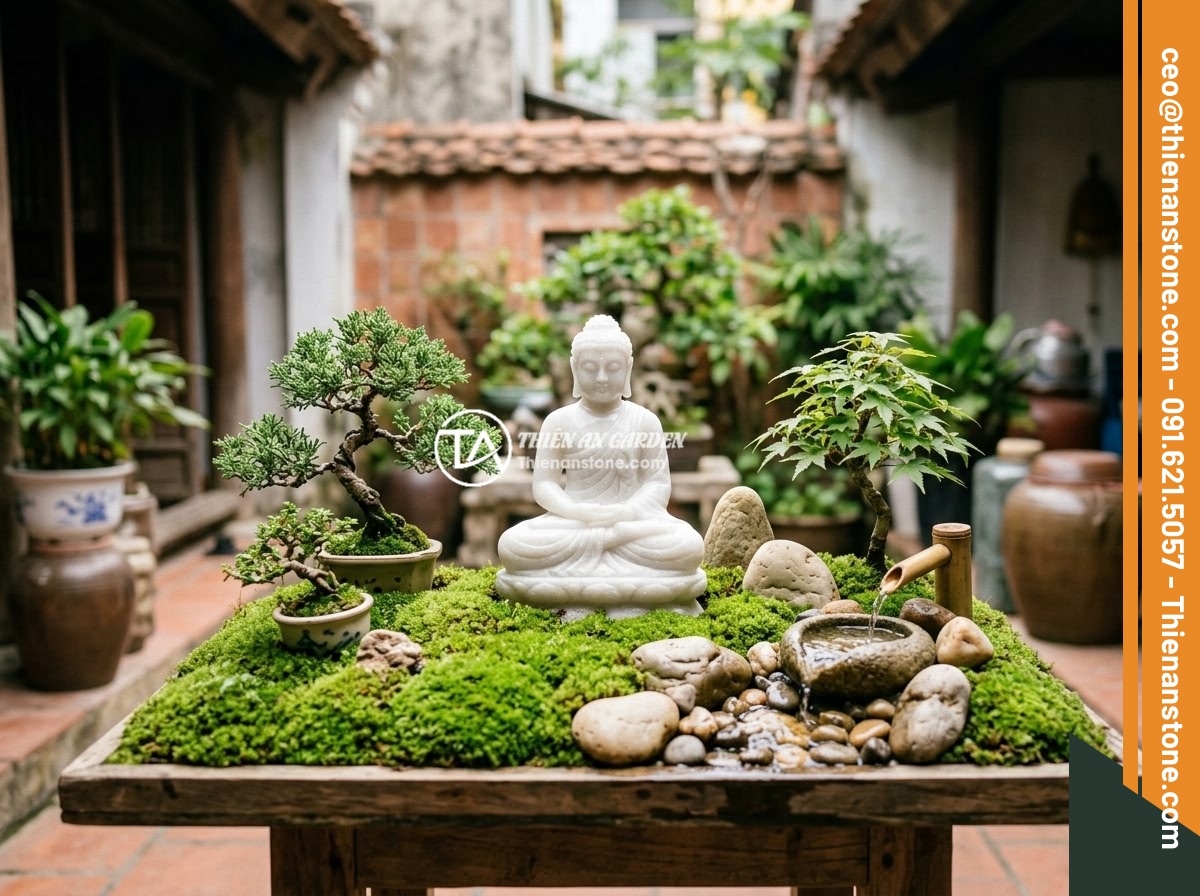 Tips Thiết Kế Tiểu Cảnh Tượng Phật Theo Mệnh Gia Chủ - A well-maintained Buddha statue garden miniature with freshly trimmed bonsai tre