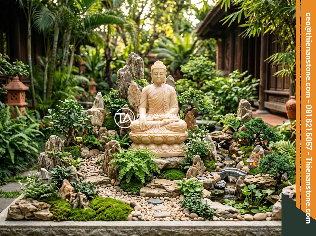 Tips Thiết Kế Tiểu Cảnh Tượng Phật Theo Mệnh Gia Chủ - A completed premium Buddha statue miniature landscape project by a professional 