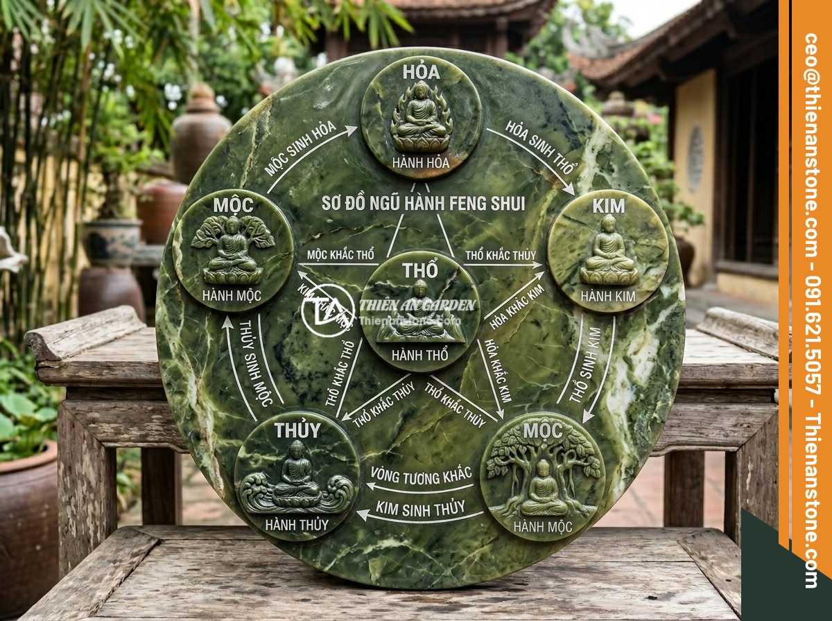 Tips Thiết Kế Tiểu Cảnh Tượng Phật Theo Mệnh Gia Chủ - A detailed feng shui five elements diagram with Vietnamese labels showing the cy