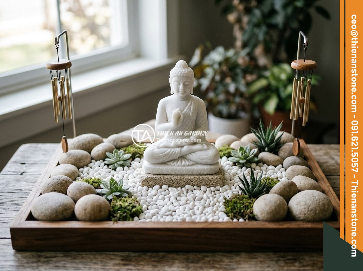 Tips Thiết Kế Tiểu Cảnh Tượng Phật Theo Mệnh Gia Chủ - A white marble Buddha statue in a miniature garden with white pebbles, round-sha