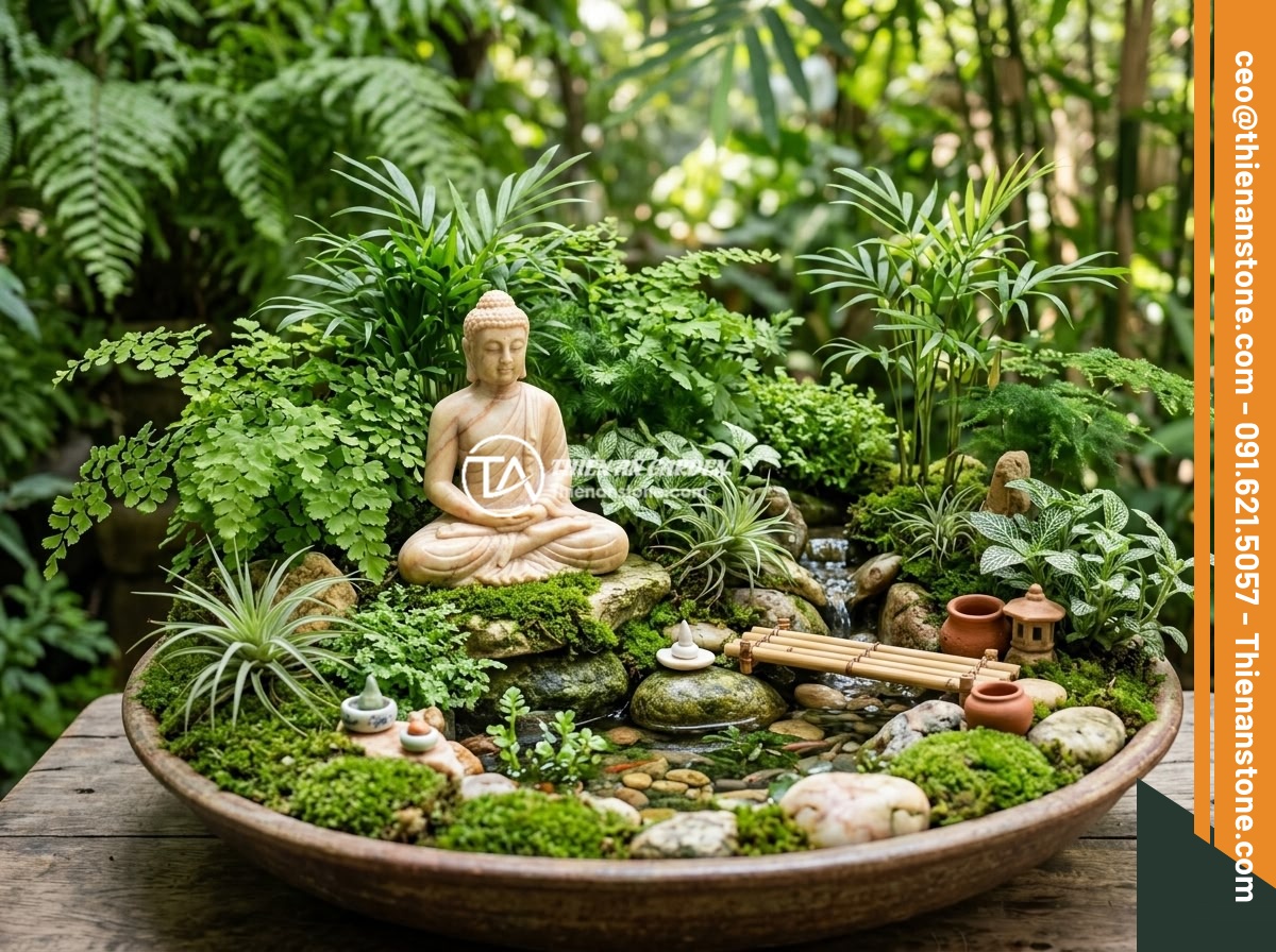 Tips Thiết Kế Tiểu Cảnh Tượng Phật Theo Mệnh Gia Chủ - A lush green Buddha statue miniature garden with abundant tropical plants, bambo