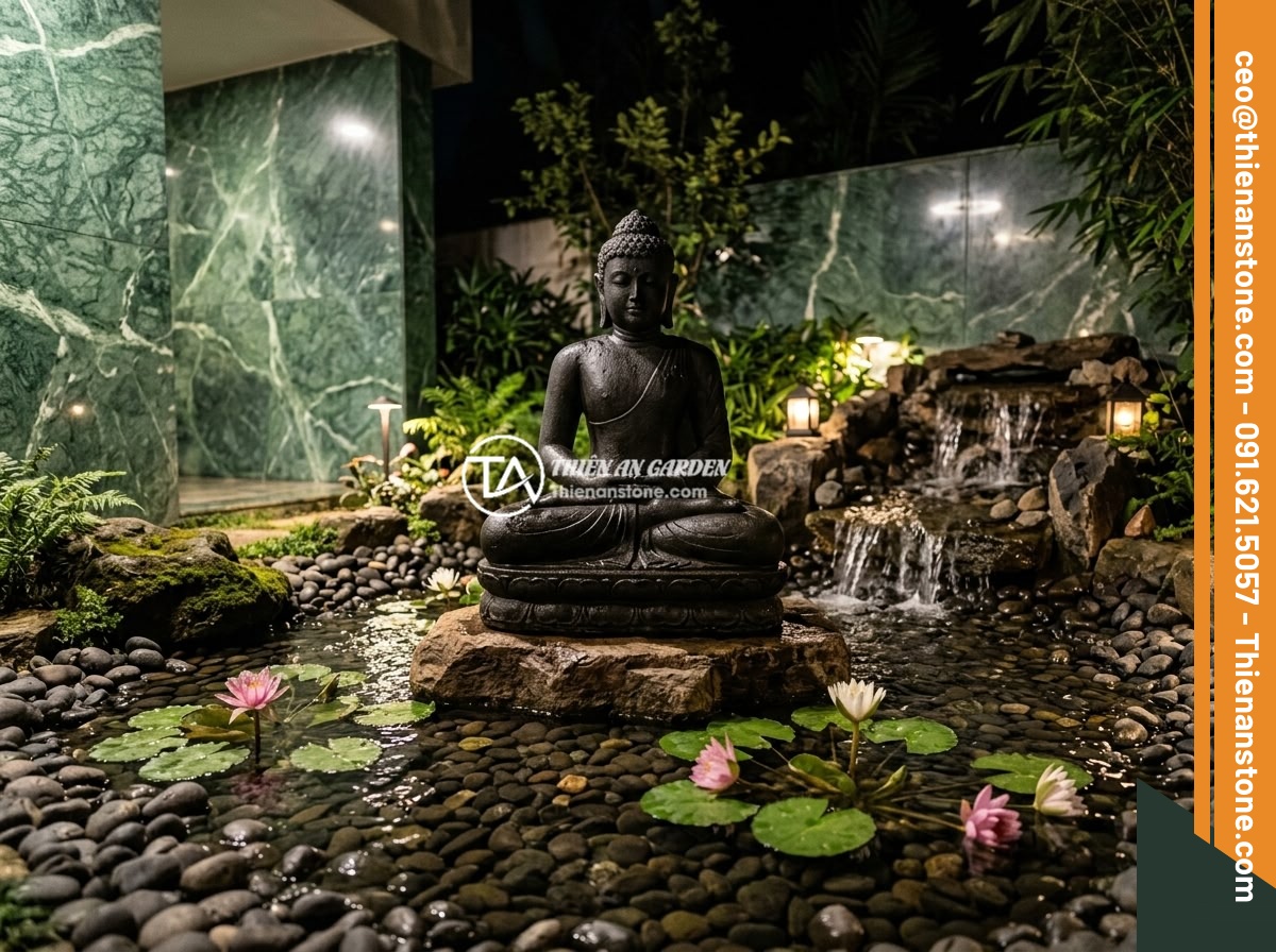 Tips Thiết Kế Tiểu Cảnh Tượng Phật Theo Mệnh Gia Chủ - A black stone Buddha statue surrounded by flowing water features, dark pebbles, 