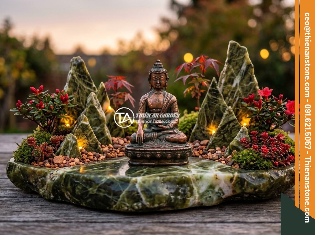 Tips Thiết Kế Tiểu Cảnh Tượng Phật Theo Mệnh Gia Chủ - A warm-toned Buddha statue miniature garden with reddish-brown natural stones, r