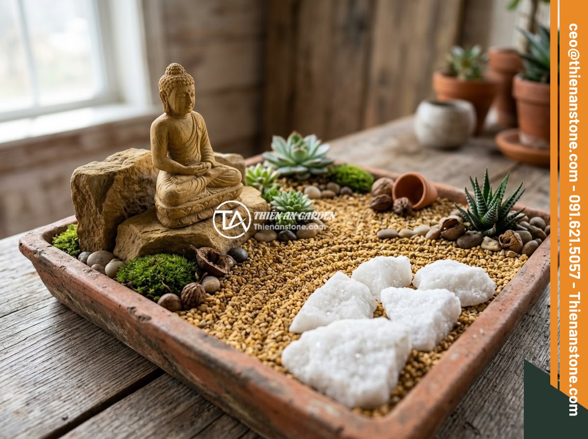 Tips Thiết Kế Tiểu Cảnh Tượng Phật Theo Mệnh Gia Chủ - A Buddha statue miniature garden featuring yellow-brown sandstone, terracotta po