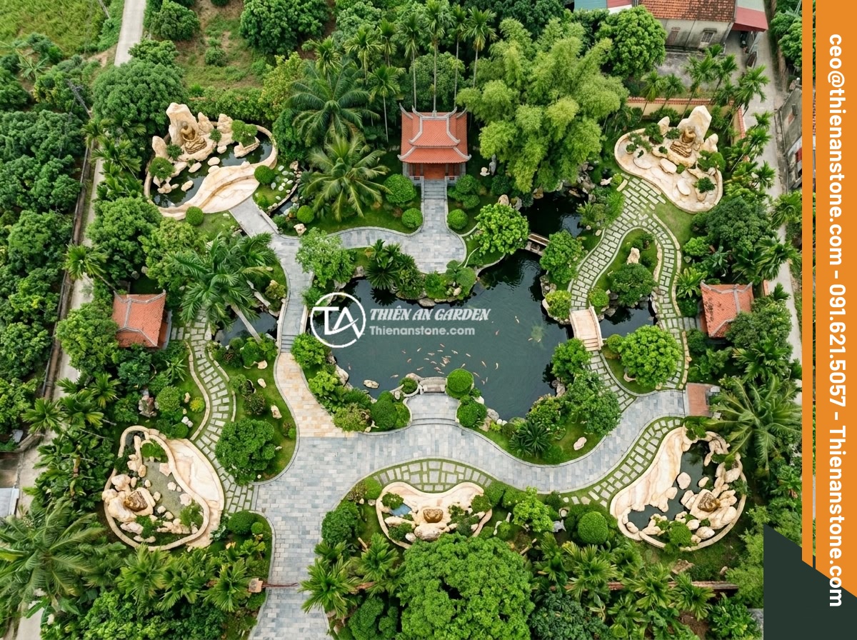 Tips Thiết Kế Tiểu Cảnh Tượng Phật Theo Mệnh Gia Chủ - An aerial view of a Vietnamese garden layout showing optimal placement positions