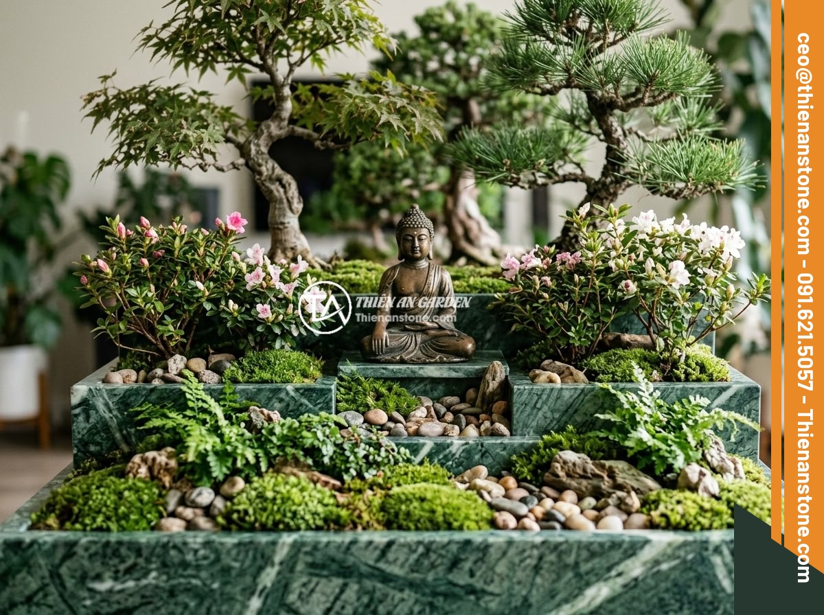 Tips Thiết Kế Tiểu Cảnh Tượng Phật Theo Mệnh Gia Chủ - A multilayered miniature Buddha garden with tiered planting design showing tall 
