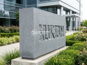 Top 10 mẫu bảng hiệu đá tự nhiên đẹp nhất cho công ty và doanh nghiệp 2026 - Luxurious natural stone company signboard with elegant carved letters placed at