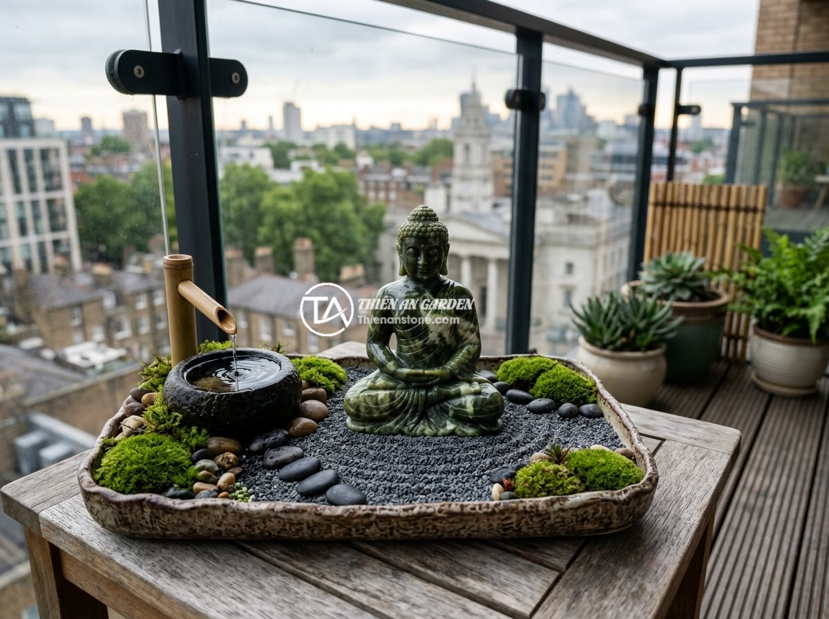 Top 10 Tượng Phật Mini Trang Trí Tiểu Cảnh Đá Đẹp Nhất 2026 - A beautifully arranged miniature Buddha statue made of natural stone placed in a