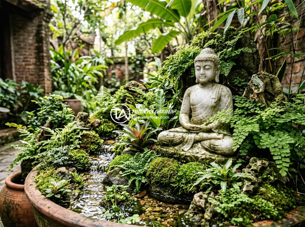 Top 10 Tượng Phật Mini Trang Trí Tiểu Cảnh Đá Đẹp Nhất 2026 - Hình 10 Top 10 Tượng Phật Mini Trang Trí Tiểu Cảnh Đá Đẹp Nhất 2026 - A tropical Southeast Asian style miniature landscape featuring a weathered stone