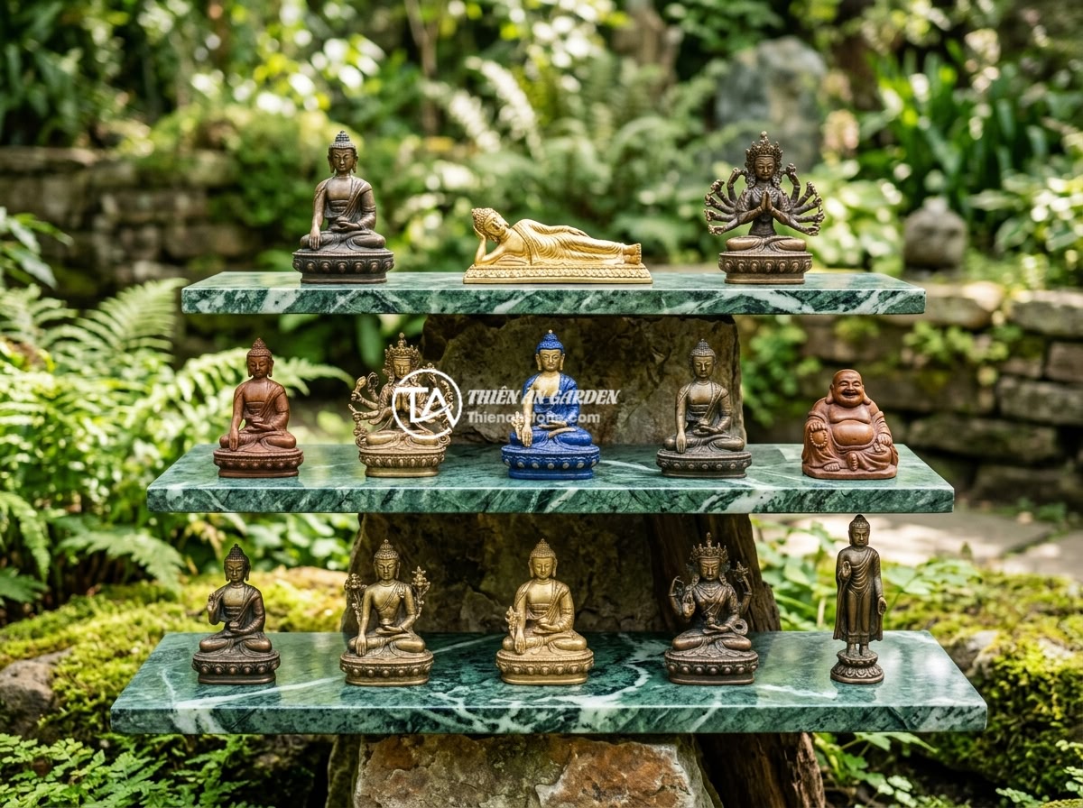Top 10 Tượng Phật Mini Trang Trí Tiểu Cảnh Đá Đẹp Nhất 2026 - Hình 8 Top 10 Tượng Phật Mini Trang Trí Tiểu Cảnh Đá Đẹp Nhất 2026 - A beautifully organized display showing all ten types of miniature Buddha statue