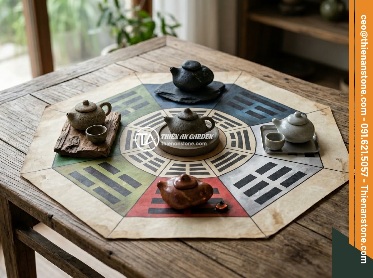 Top 5 sai lầm phổ biến khi chọn mua bộ ấm chén bằng đá cần tránh - A feng shui diagram showing the five elements (wood, fire, earth, metal, water) 