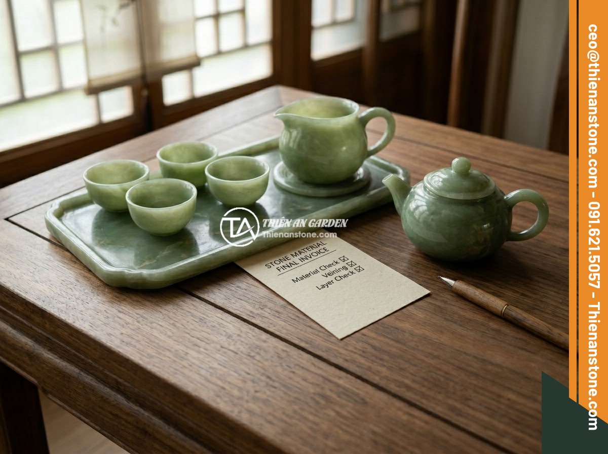 Top 5 sai lầm phổ biến khi chọn mua bộ ấm chén bằng đá cần tránh - A well-organized checklist printed on premium paper next to a beautiful jade sto