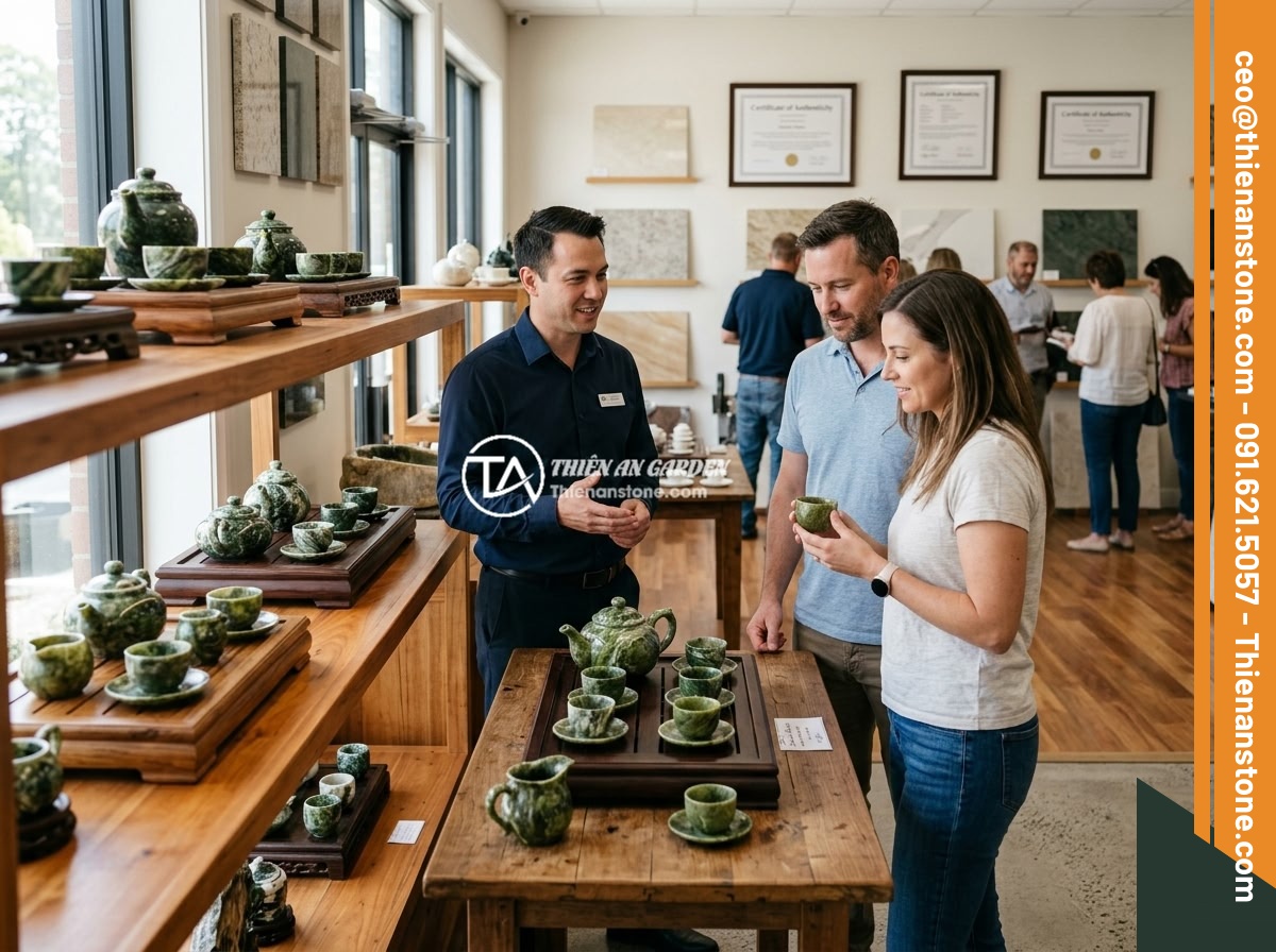 Top 5 sai lầm phổ biến khi chọn mua bộ ấm chén bằng đá cần tránh - A reputable natural stone showroom interior displaying various premium stone tea