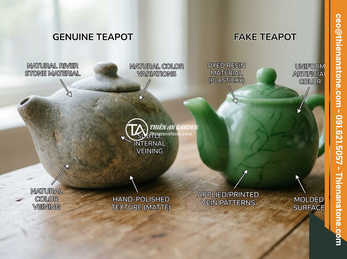 Top 5 sai lầm phổ biến khi chọn mua bộ ấm chén bằng đá cần tránh - Close-up comparison of genuine natural jade stone teapot versus fake dyed resin 