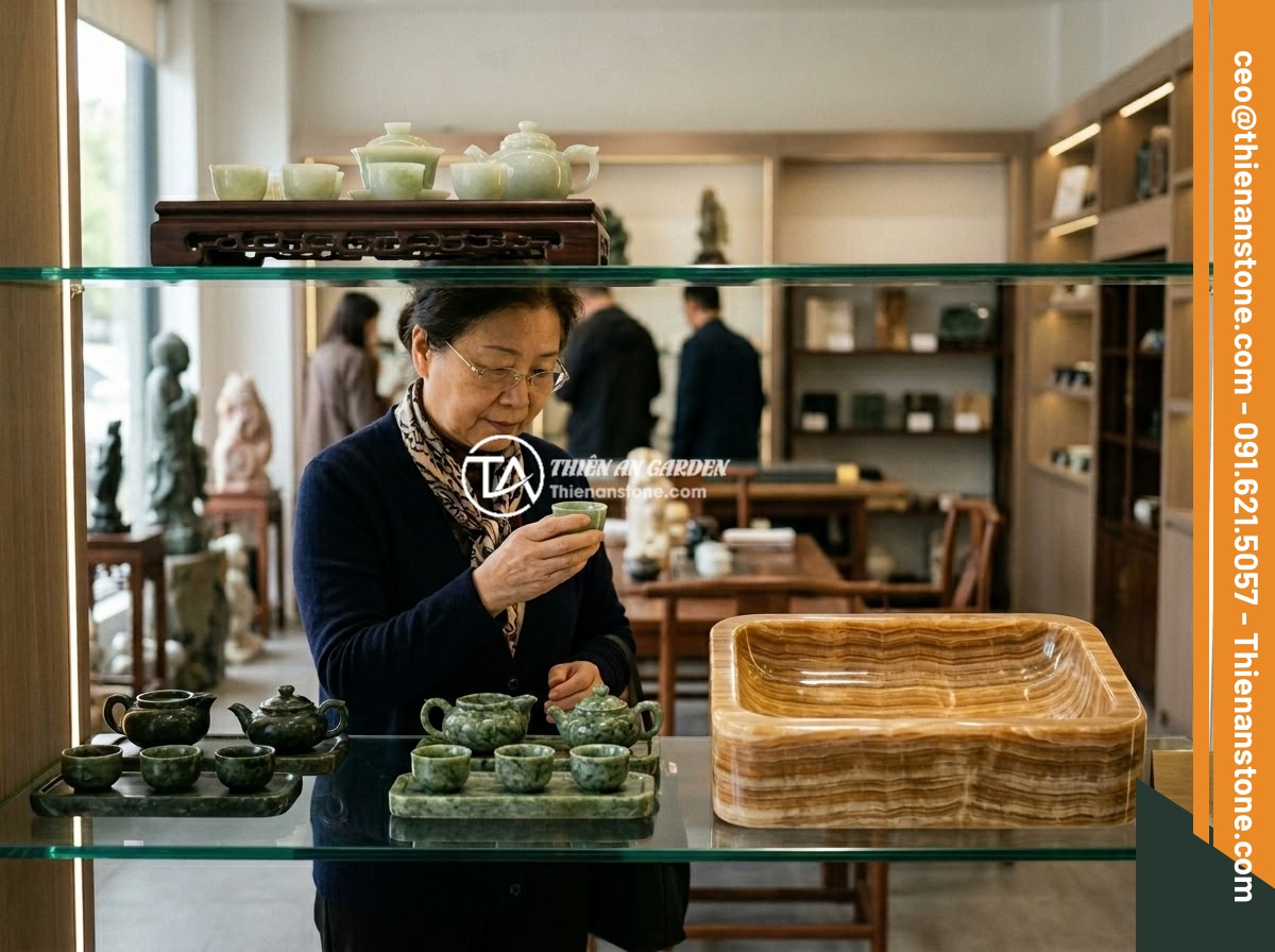 Top 5 sai lầm phổ biến khi chọn mua bộ ấm chén bằng đá cần tránh - A person carefully examining a natural stone tea set at a reputable stone craft 