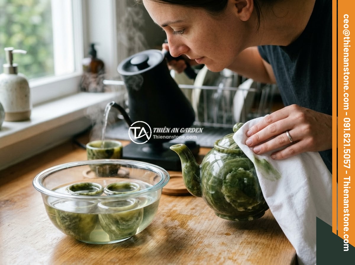 Top 5 sai lầm phổ biến khi chọn mua bộ ấm chén bằng đá cần tránh - A safety testing process for stone tea set at home, showing a white cloth wiping