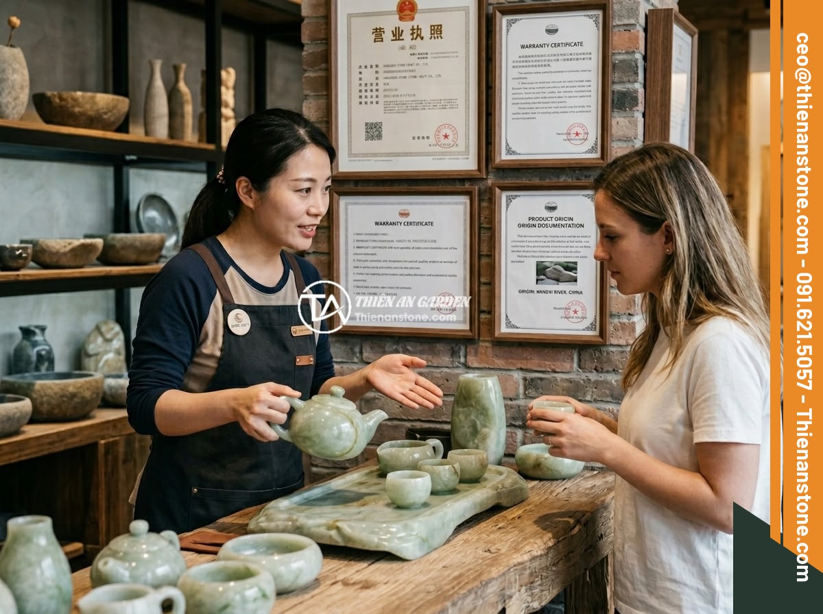 Top 5 sai lầm phổ biến khi chọn mua bộ ấm chén bằng đá cần tránh - A professional stone craft showroom with clear warranty certificates, product or