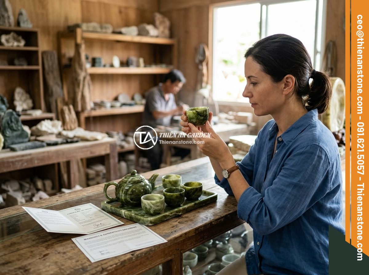 Top 5 sai lầm phổ biến khi chọn mua bộ ấm chén bằng đá cần tránh - A customer at a stone workshop carefully inspecting a natural jade tea set, hold