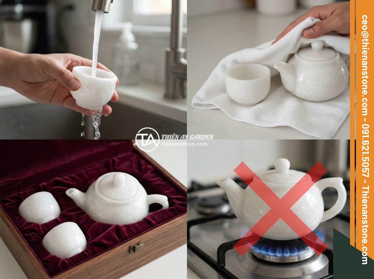 Top 5 sai lầm phổ biến khi chọn mua bộ ấm chén bằng đá cần tránh - Step-by-step guide showing proper care for natural stone tea set: gentle hand wa