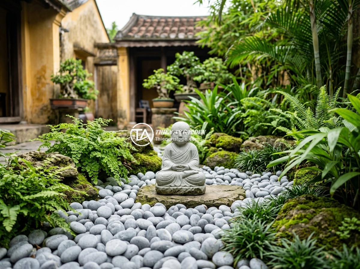 Top 5 xưởng đá mỹ nghệ thi công tiểu cảnh chú tiểu tốt nhất miền Trung - A beautiful natural stone little monk figurine garden scene in a Vietnamese cour