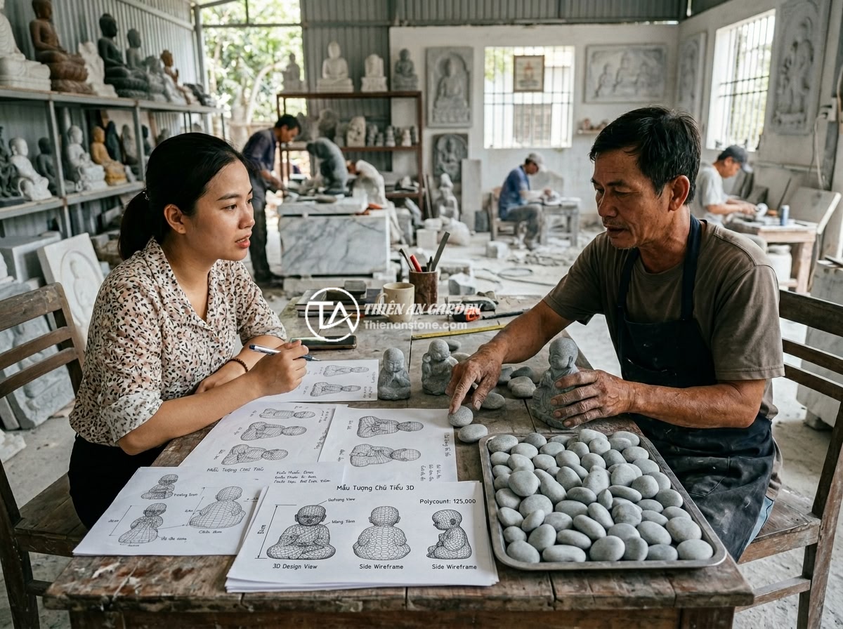 Top 5 xưởng đá mỹ nghệ thi công tiểu cảnh chú tiểu tốt nhất miền Trung - Customer and stone workshop artisan discussing little monk figurine designs whil