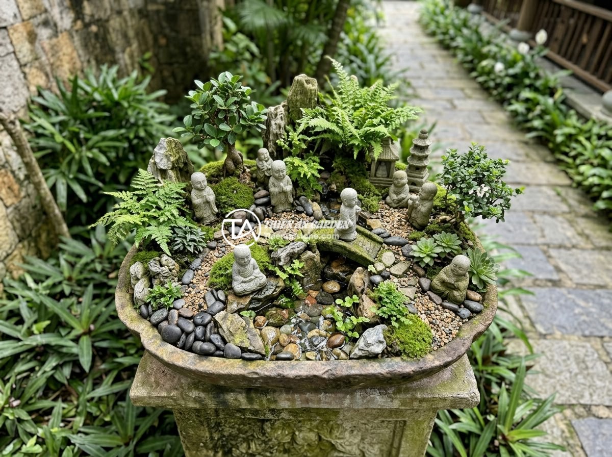 Top 5 xưởng đá mỹ nghệ thi công tiểu cảnh chú tiểu tốt nhất miền Trung - Top view of a completed little monk stone figurine miniature garden landscape at