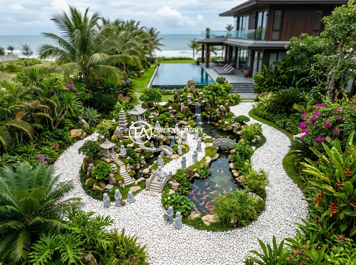 Top 5 xưởng đá mỹ nghệ thi công tiểu cảnh chú tiểu tốt nhất miền Trung - A luxury villa garden in Da Nang with an elaborate little monk stone figurine mi