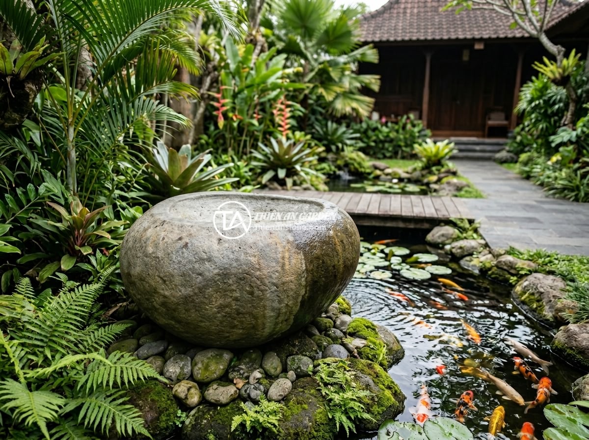 Top 7 vị trí đặt chum đá phong thủy lý tưởng nhất trong sân vườn biệt thự - A large natural stone urn placed in a luxury villa garden surrounded by lush gre