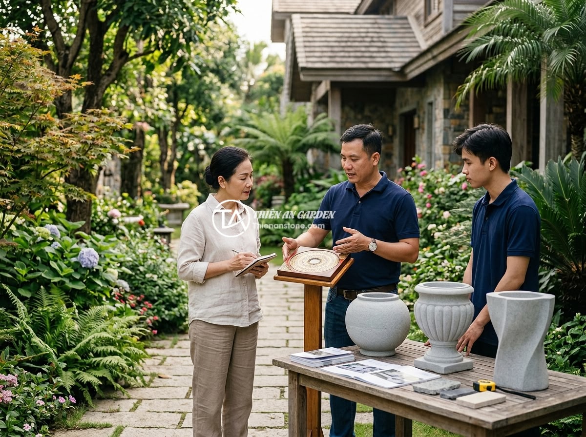 Top 7 vị trí đặt chum đá phong thủy lý tưởng nhất trong sân vườn biệt thự - The Thien An Stone company team consulting with a villa homeowner in their garde