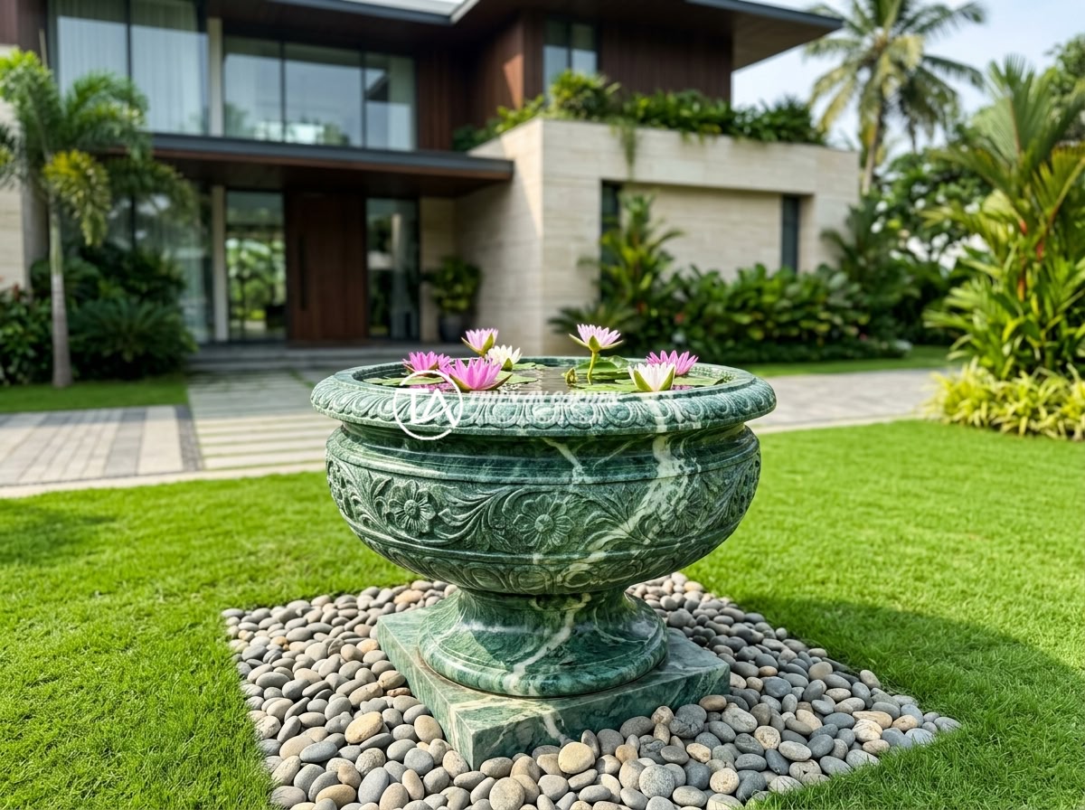 Top 7 vị trí đặt chum đá phong thủy lý tưởng nhất trong sân vườn biệt thự - A beautifully carved stone urn placed in the front yard of a modern villa, fille