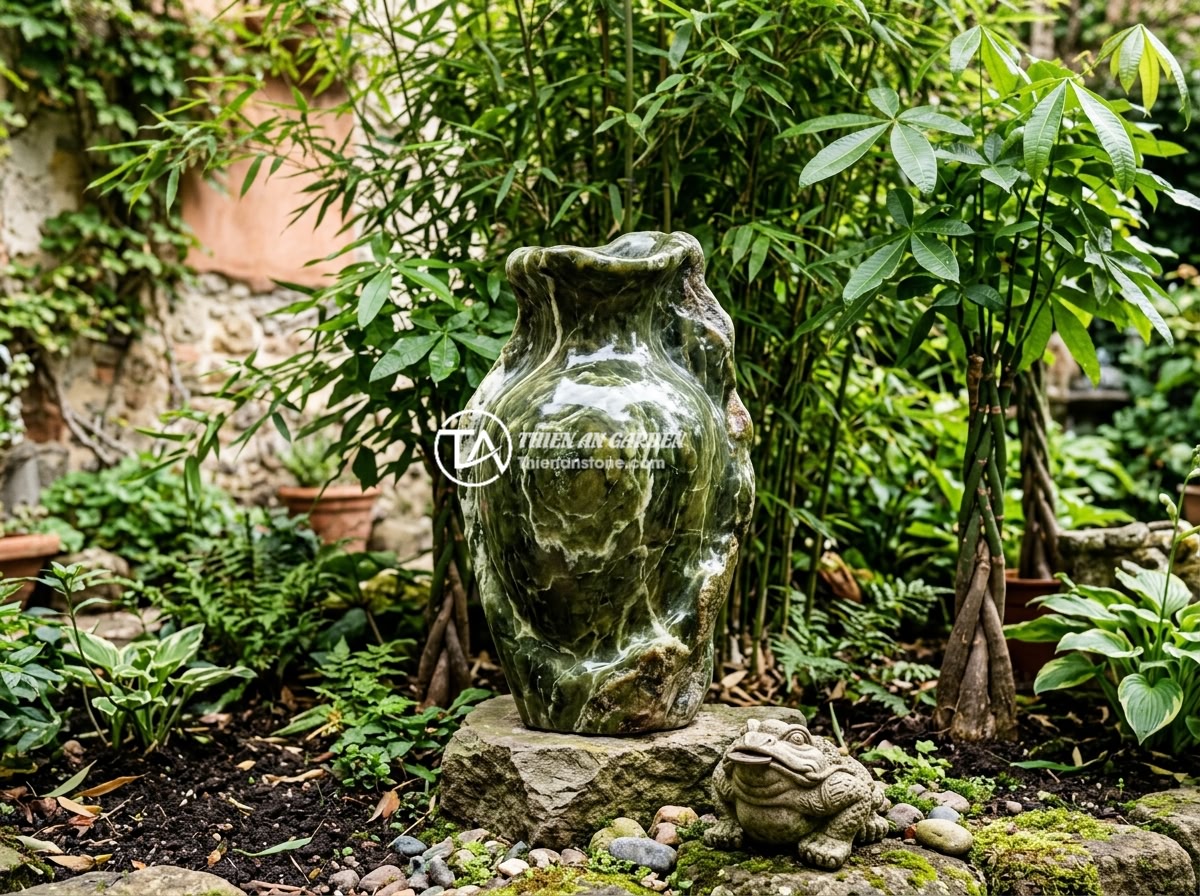 Top 7 vị trí đặt chum đá phong thủy lý tưởng nhất trong sân vườn biệt thự - A stone urn positioned in the southeast corner of a villa garden, surrounded by 