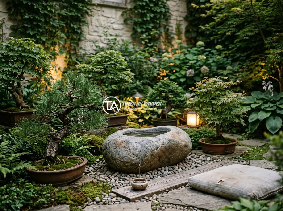 Top 7 vị trí đặt chum đá phong thủy lý tưởng nhất trong sân vườn biệt thự - A serene stone urn placed in a quiet corner of a villa backyard garden, surround