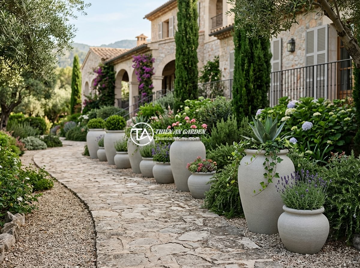 Top 7 vị trí đặt chum đá phong thủy lý tưởng nhất trong sân vườn biệt thự - A series of stone urns arranged along a curved garden pathway in a luxury villa,