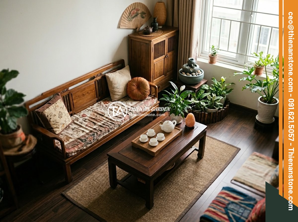 Top 8 bộ ấm chén bằng đá sang trọng và đẹp nhất cho không gian sống 2026 - A feng shui diagram showing the ideal placement of a natural stone tea set in a 