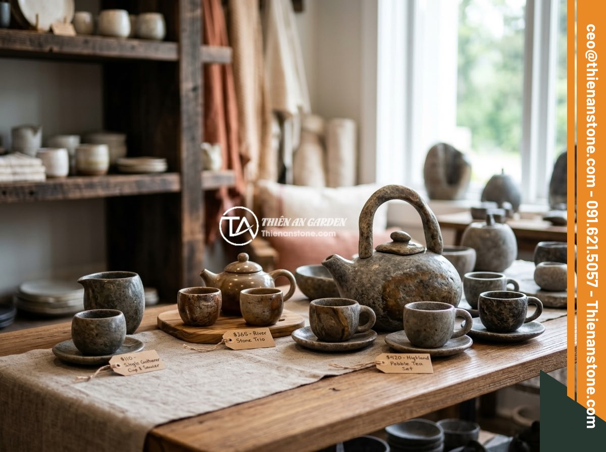 Top 8 bộ ấm chén bằng đá sang trọng và đẹp nhất cho không gian sống 2026 - A beautiful display of various natural stone tea sets at different price ranges 