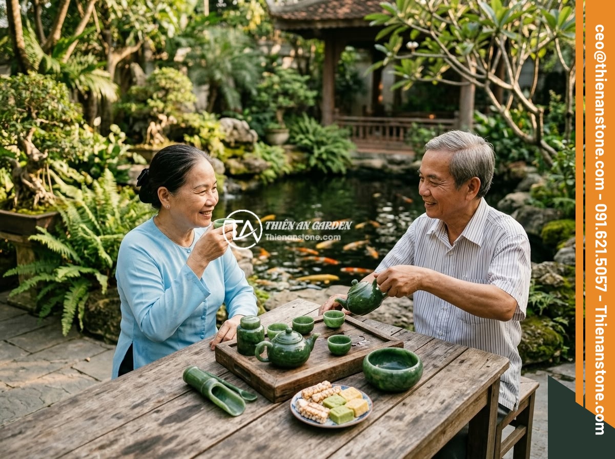Top 8 bộ ấm chén bằng đá sang trọng và đẹp nhất cho không gian sống 2026 - A warm inviting scene of two people enjoying tea from a beautiful jade stone tea