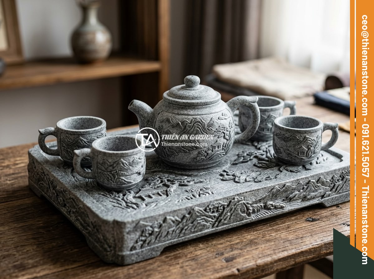 Top 8 bộ ấm chén bằng đá sang trọng và đẹp nhất cho không gian sống 2026 - A complete set of grey granite stone teapot with cups and tea tray featuring tra